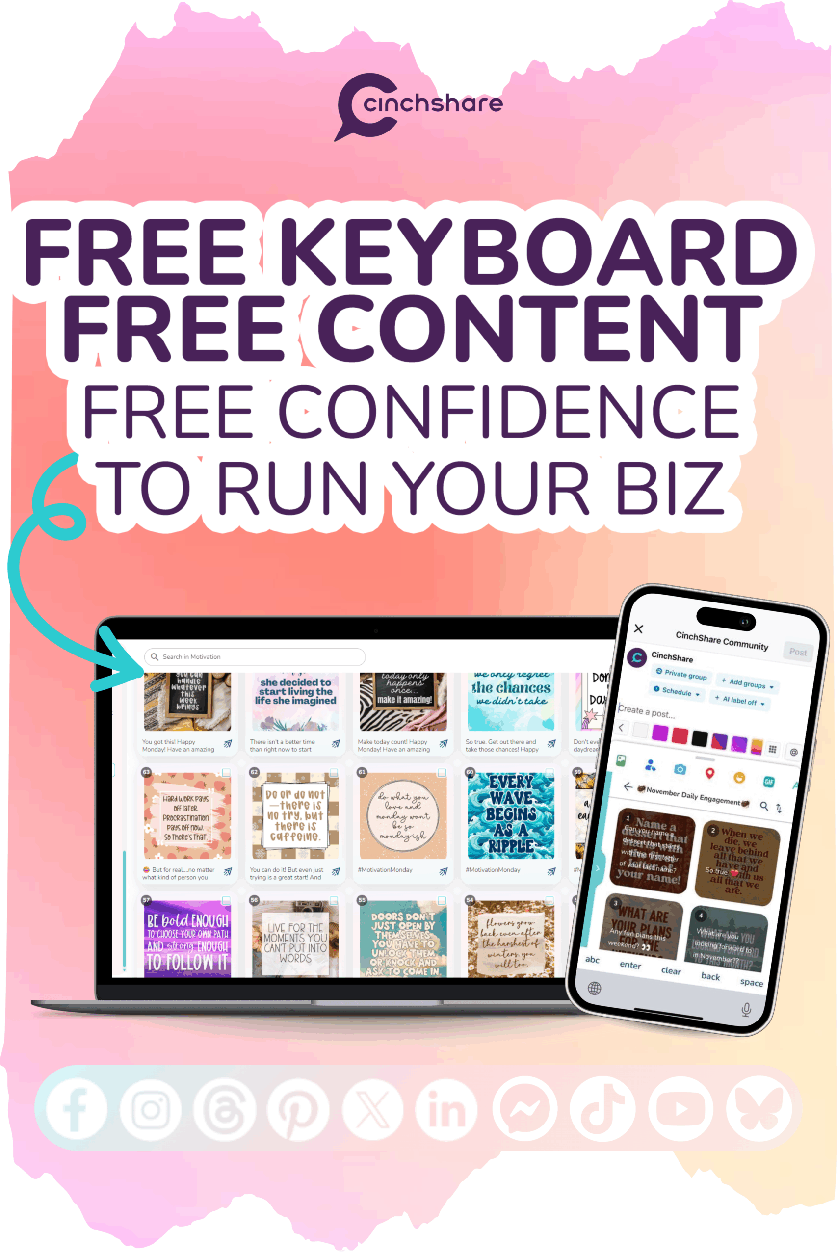 Free Plan Pinterest Graphic showing CinchShare Keyboard, Content Library, and Shared folders